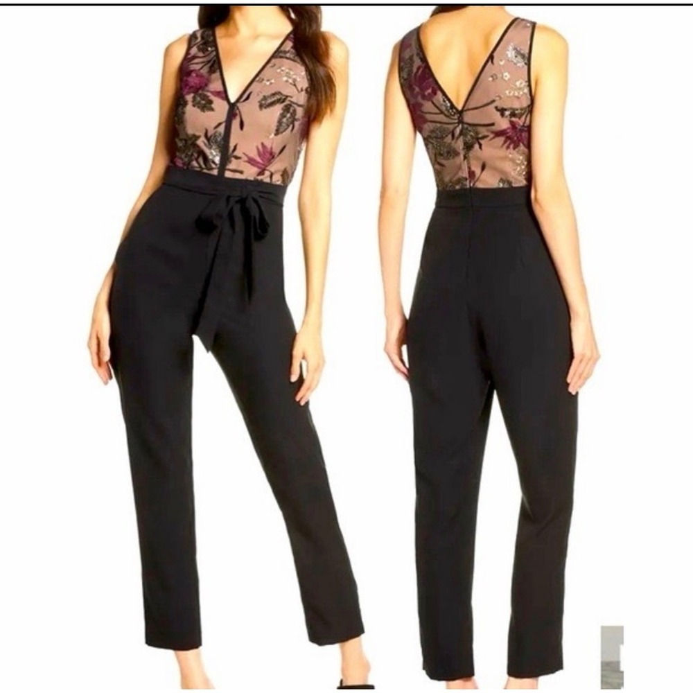 Harlan Black Floral Embroidered Mesh V-Neck Tie Waist Jumpsuit
